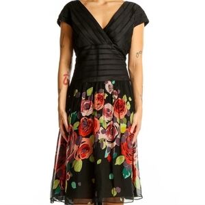 Adrianna Papell silk knee length party dress sleeveless v-neck black orange 8